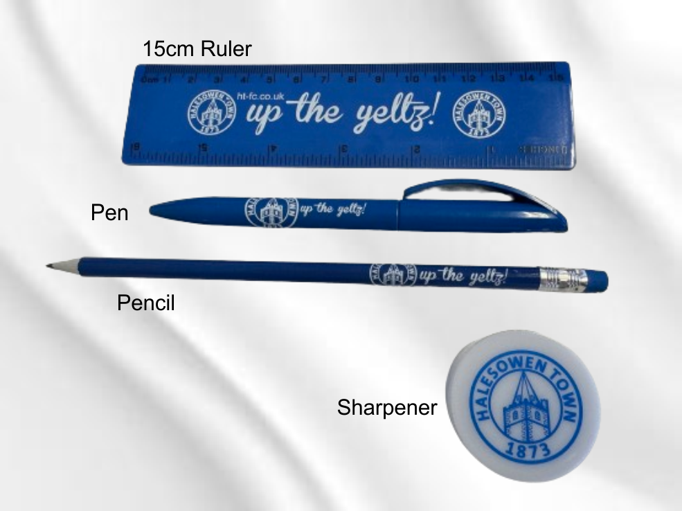 Stationery items printed with yeltz logo - Pen, Pencil, Sharpener, 15cm Ruler and a Pencil Case, bought separate or as a set