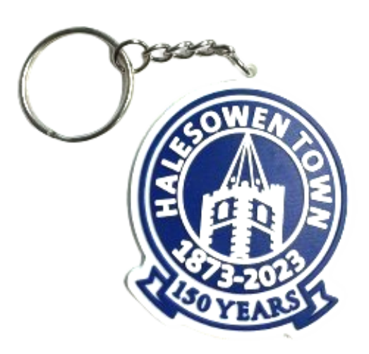 PVC keyring, Anniversary Club logo in blue and white.